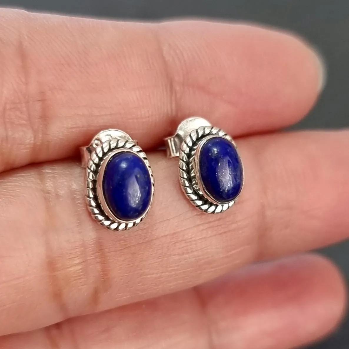 Boho Oval Lapis Lazuli Stud Earrings, 925 Sterling Silver, S4LL