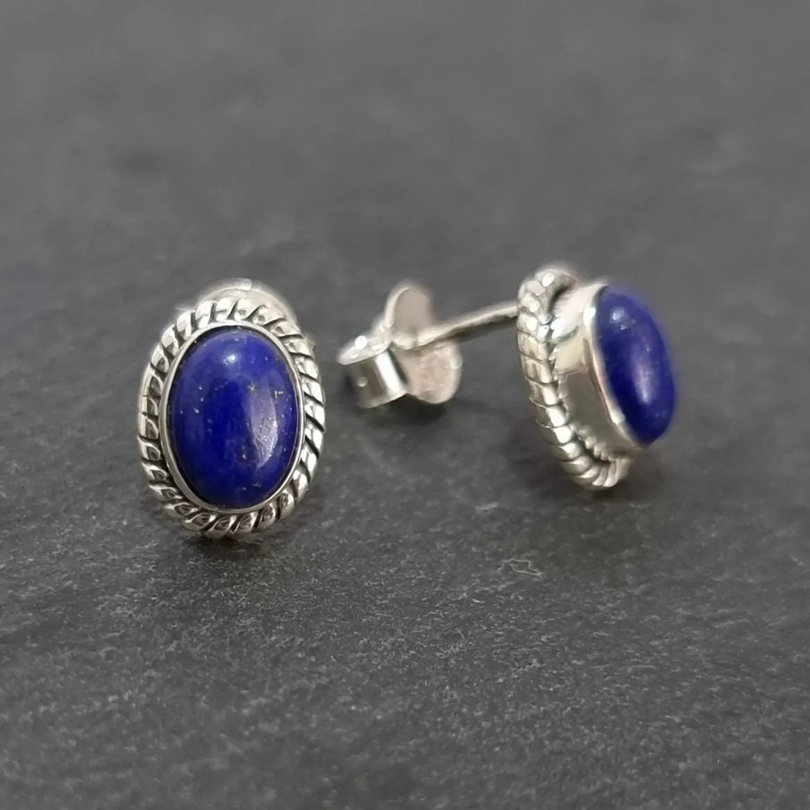 Boho Oval Lapis Lazuli Stud Earrings, 925 Sterling Silver, S4LL