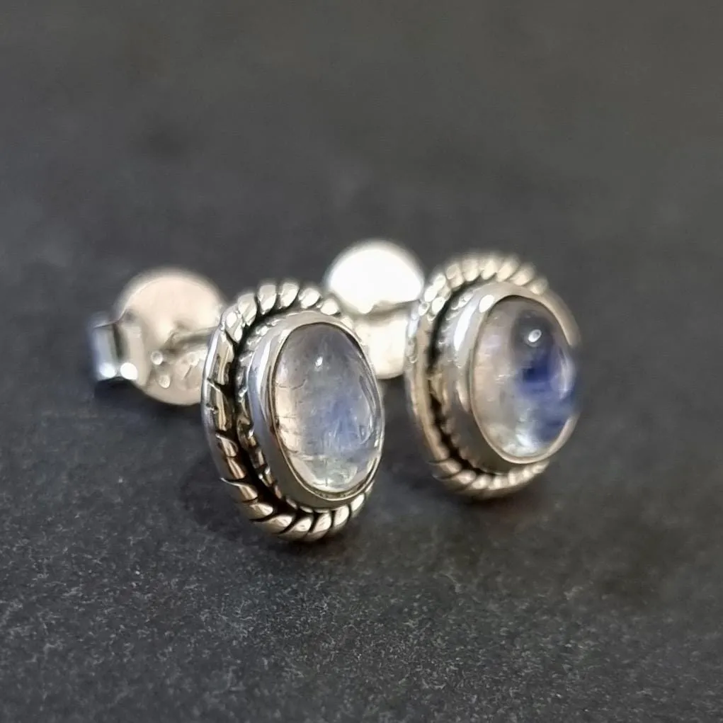 Boho Oval Moonstone Stud Earrings, 925 Sterling Silver, S4M