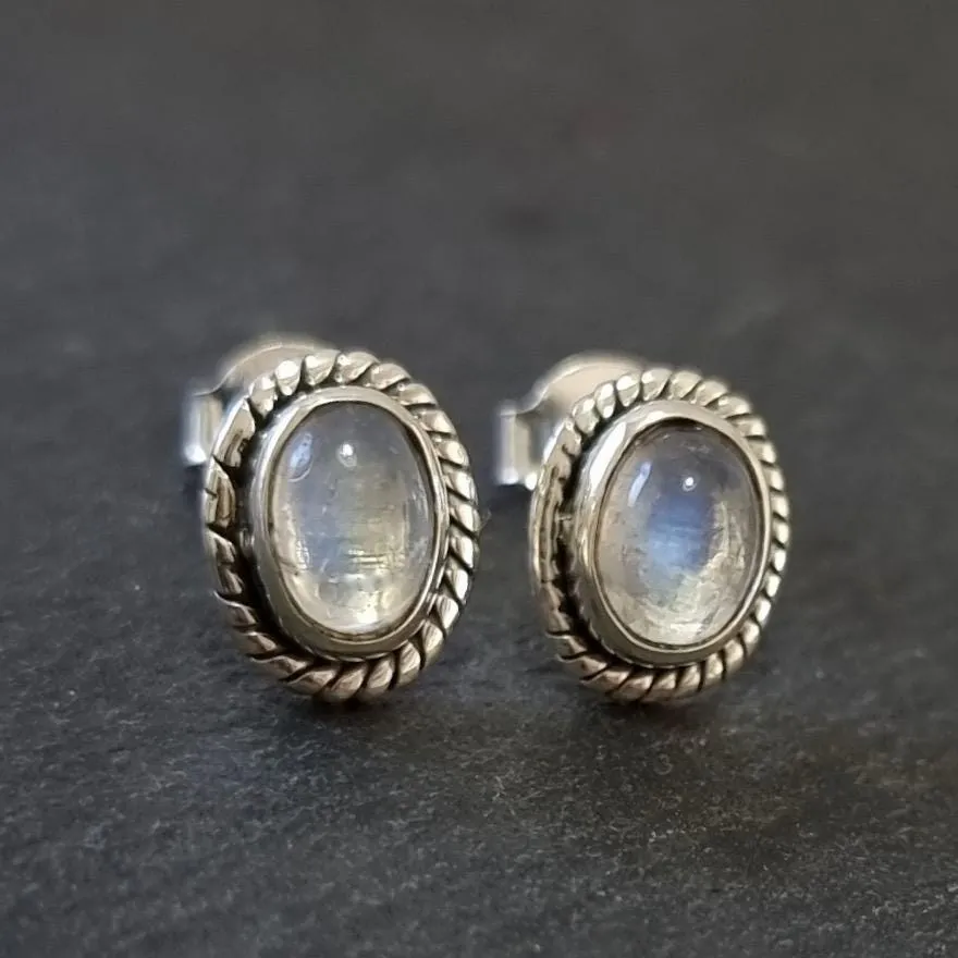 Boho Oval Moonstone Stud Earrings, 925 Sterling Silver, S4M