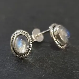 Boho Oval Moonstone Stud Earrings, 925 Sterling Silver, S4M