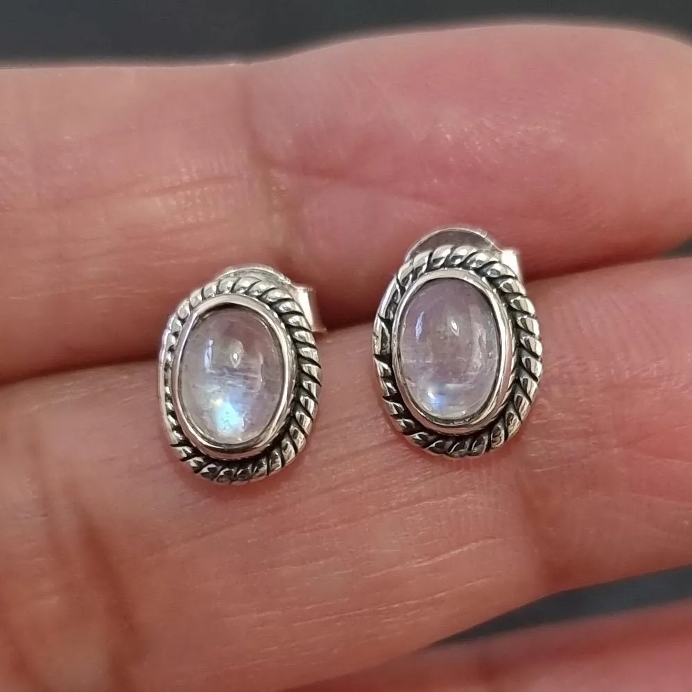 Boho Oval Moonstone Stud Earrings, 925 Sterling Silver, S4M