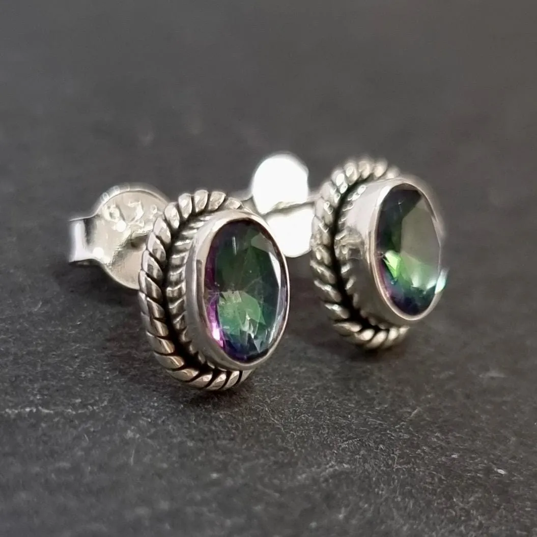 Boho Oval Mystic Topaz Studs Earrings, 925 Sterling Silver, S4MT