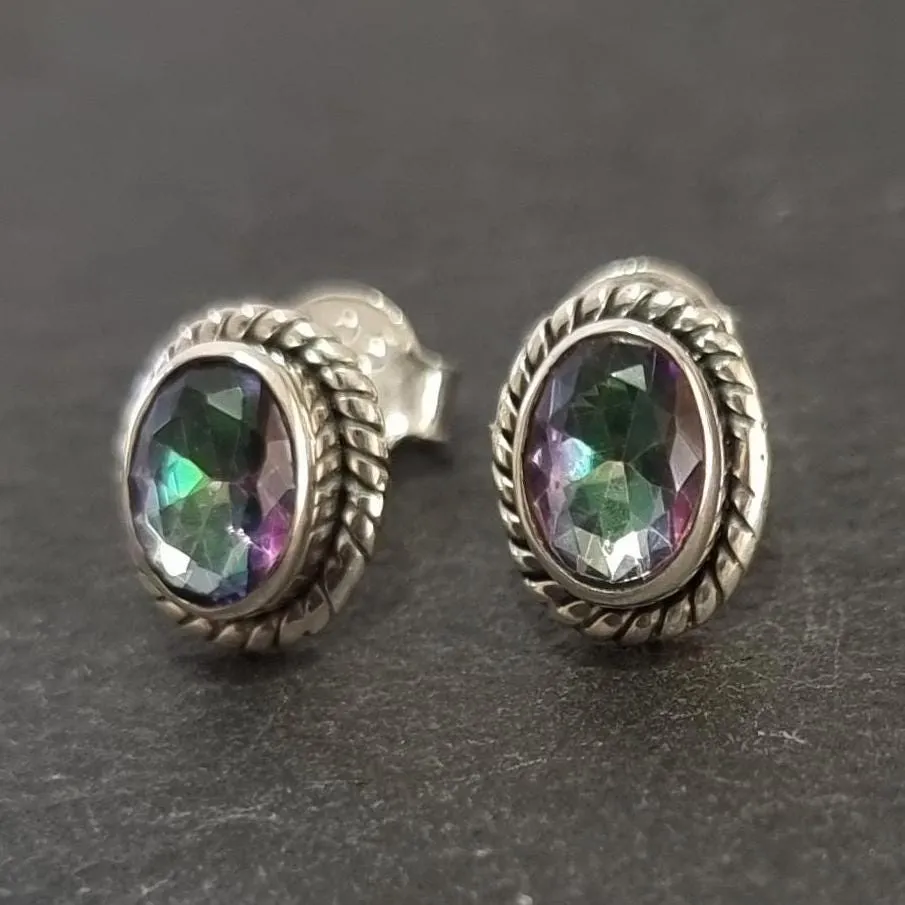 Boho Oval Mystic Topaz Studs Earrings, 925 Sterling Silver, S4MT