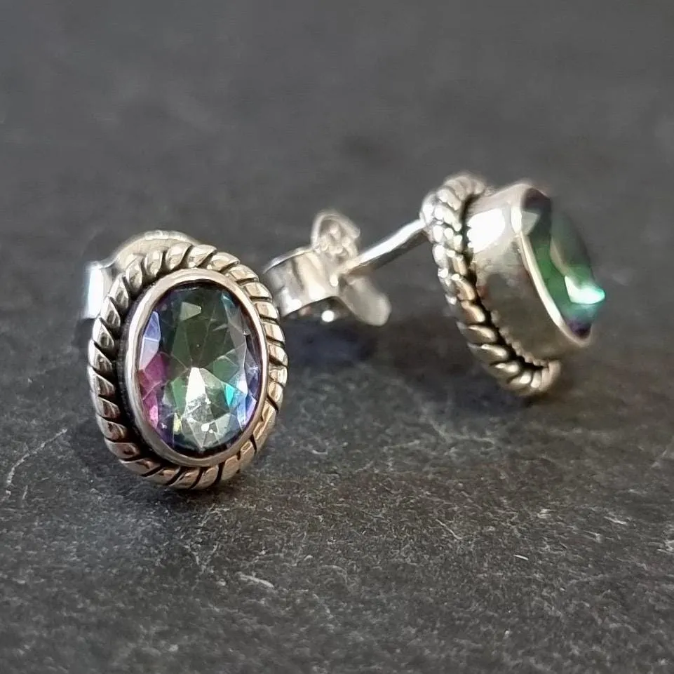 Boho Oval Mystic Topaz Studs Earrings, 925 Sterling Silver, S4MT