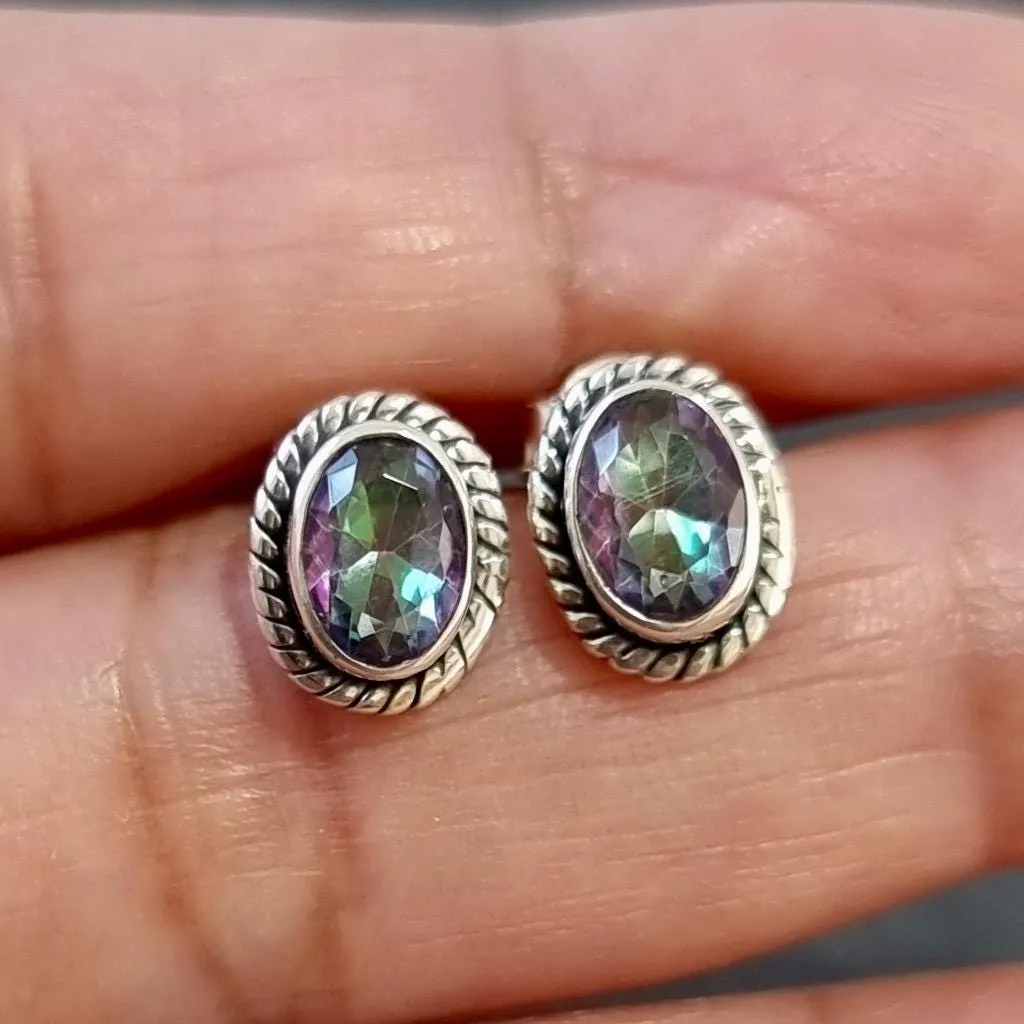 Boho Oval Mystic Topaz Studs Earrings, 925 Sterling Silver, S4MT