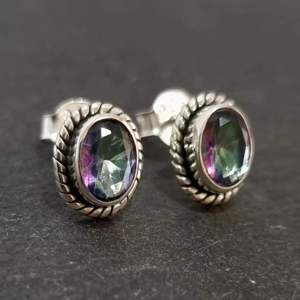 Boho Oval Mystic Topaz Studs Earrings, 925 Sterling Silver, S4MT
