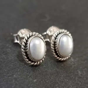 Boho Oval Pearl Stud Earrings, 925 Sterling Silver, S4PL