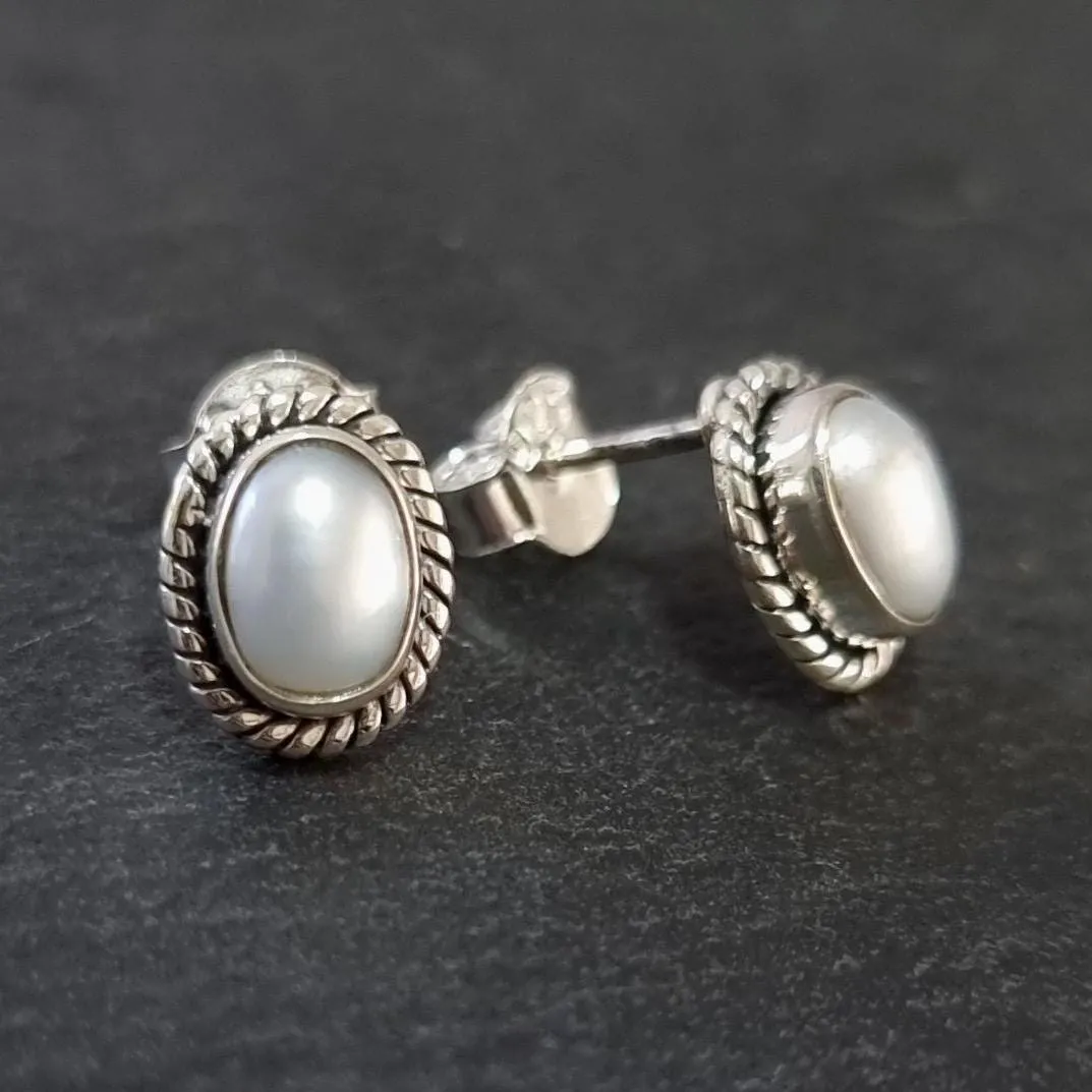 Boho Oval Pearl Stud Earrings, 925 Sterling Silver, S4PL