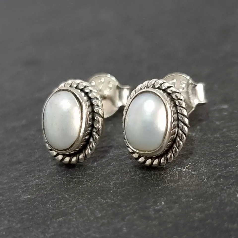 Boho Oval Pearl Stud Earrings, 925 Sterling Silver, S4PL