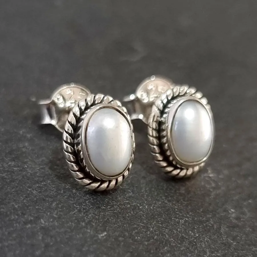 Boho Oval Pearl Stud Earrings, 925 Sterling Silver, S4PL
