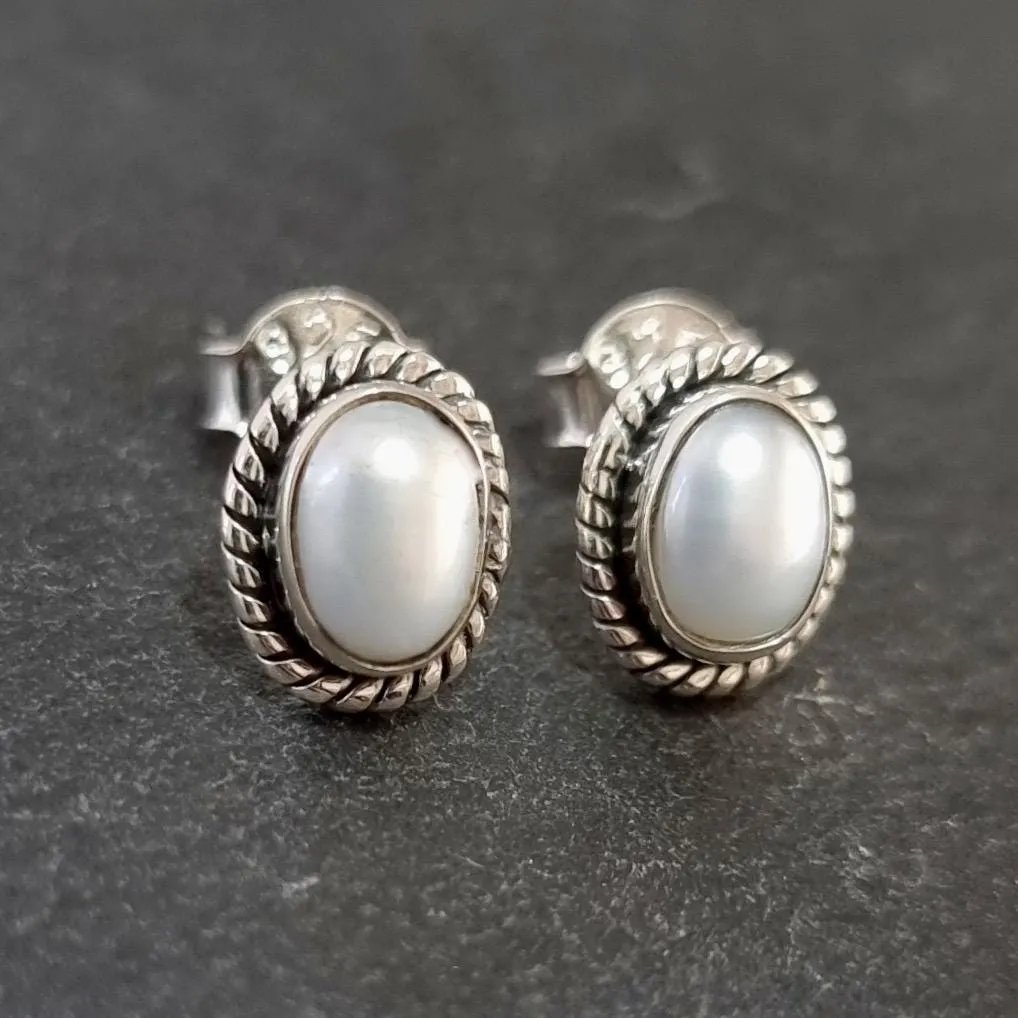 Boho Oval Pearl Stud Earrings, 925 Sterling Silver, S4PL