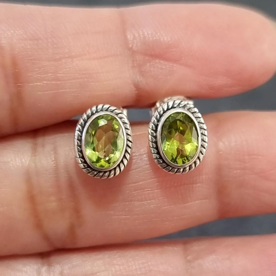Boho Oval Peridot Studs Earrings, 925 Sterling Silver, S4P