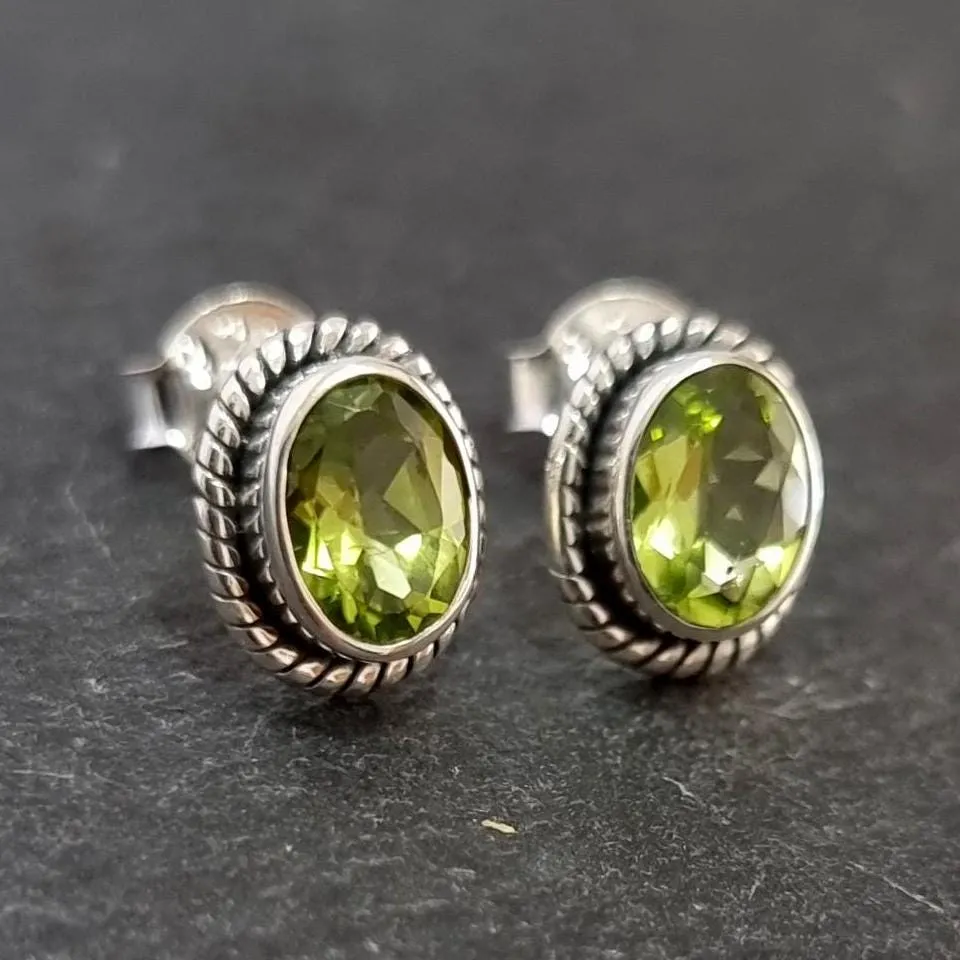 Boho Oval Peridot Studs Earrings, 925 Sterling Silver, S4P