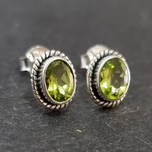 Boho Oval Peridot Studs Earrings, 925 Sterling Silver, S4P