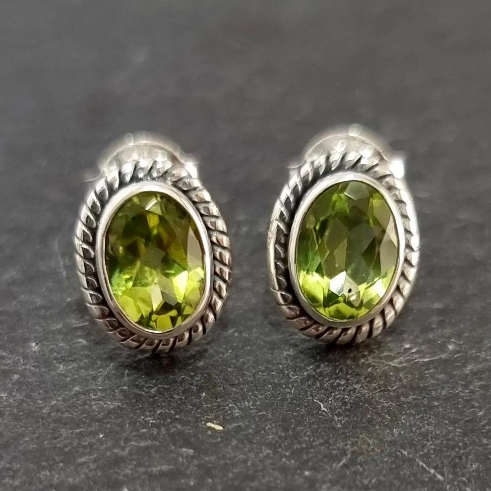 Boho Oval Peridot Studs Earrings, 925 Sterling Silver, S4P