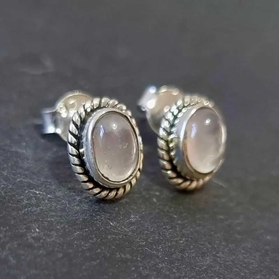Boho Oval Rose Quartz Studs Earrings, 925 Sterling Silver, S4RQ