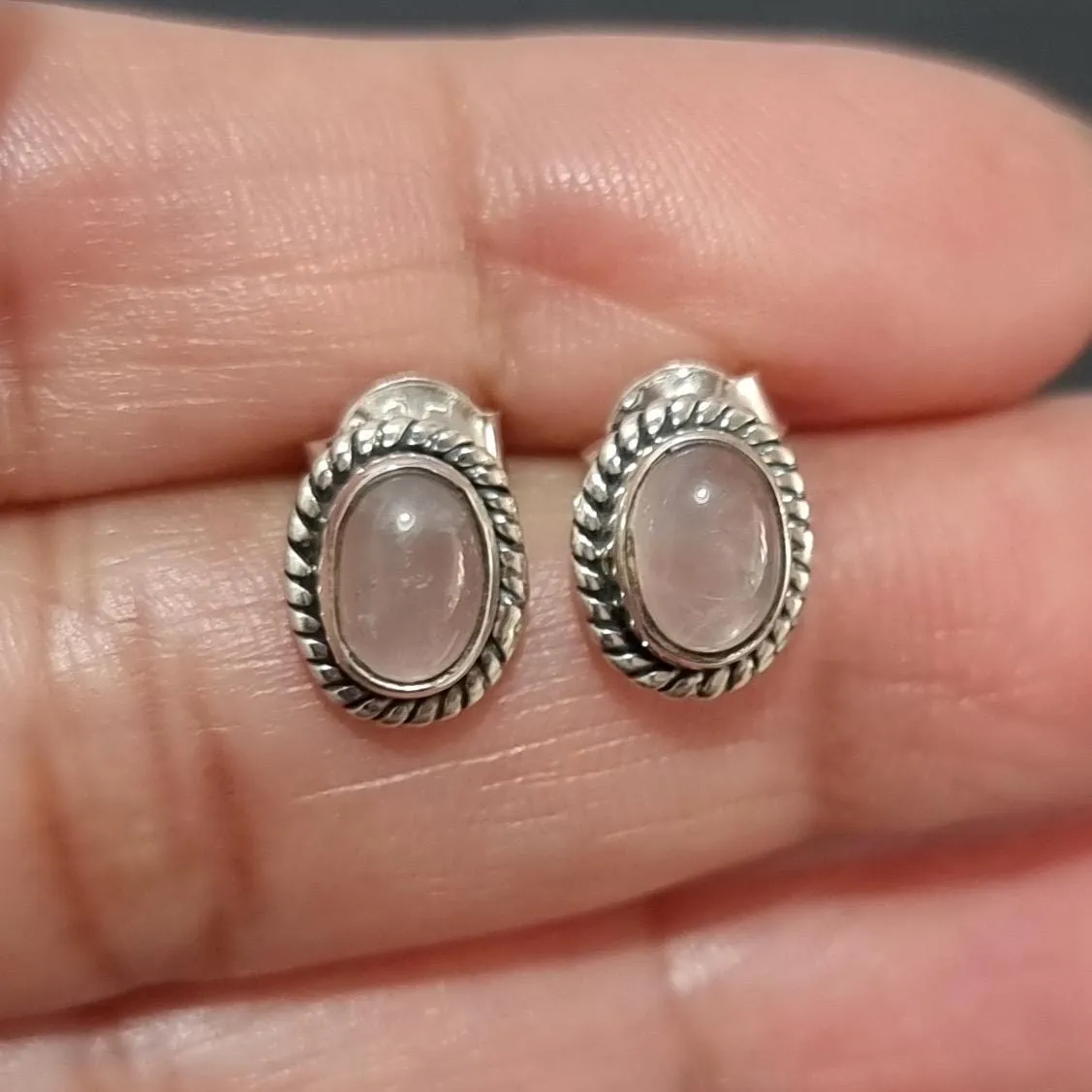 Boho Oval Rose Quartz Studs Earrings, 925 Sterling Silver, S4RQ