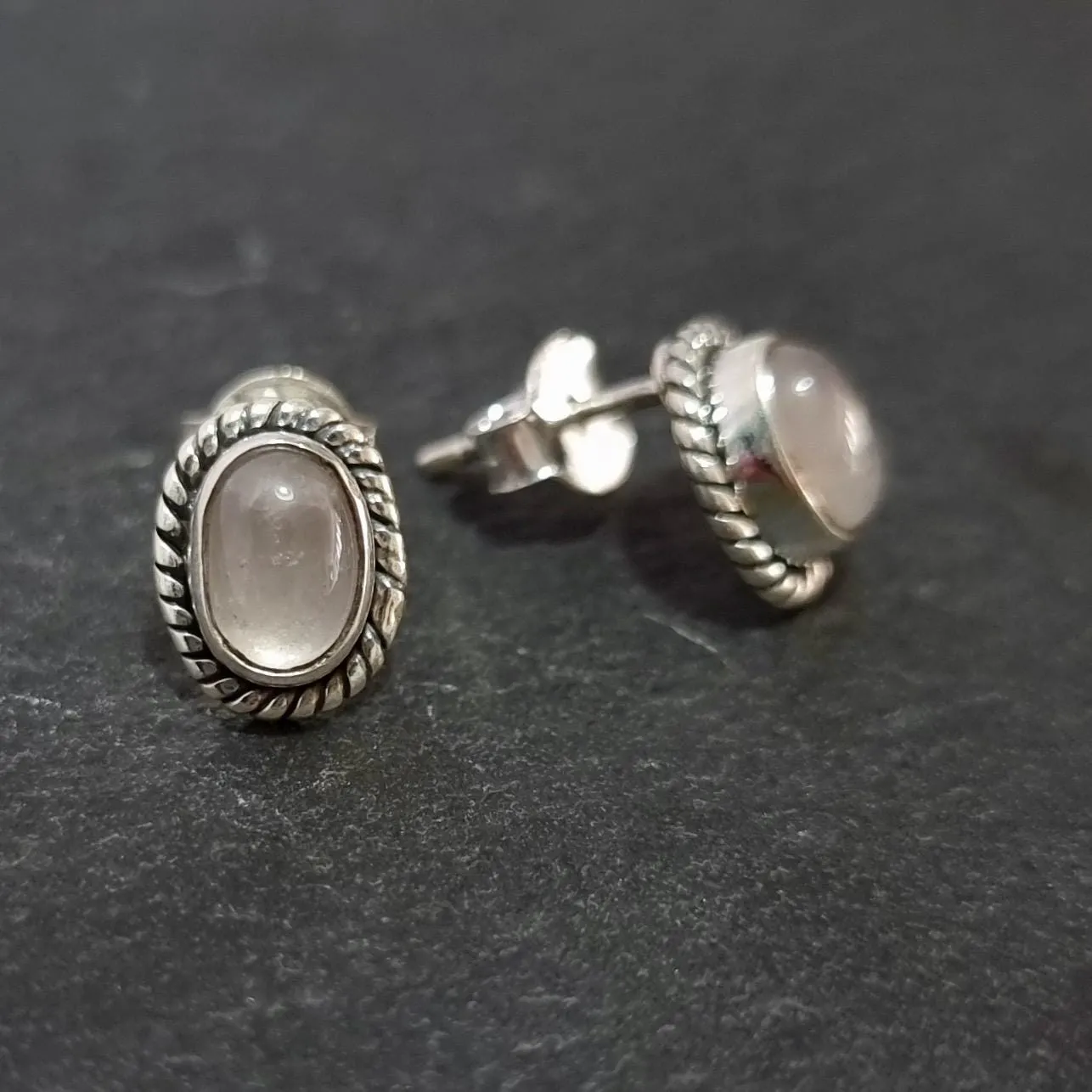 Boho Oval Rose Quartz Studs Earrings, 925 Sterling Silver, S4RQ