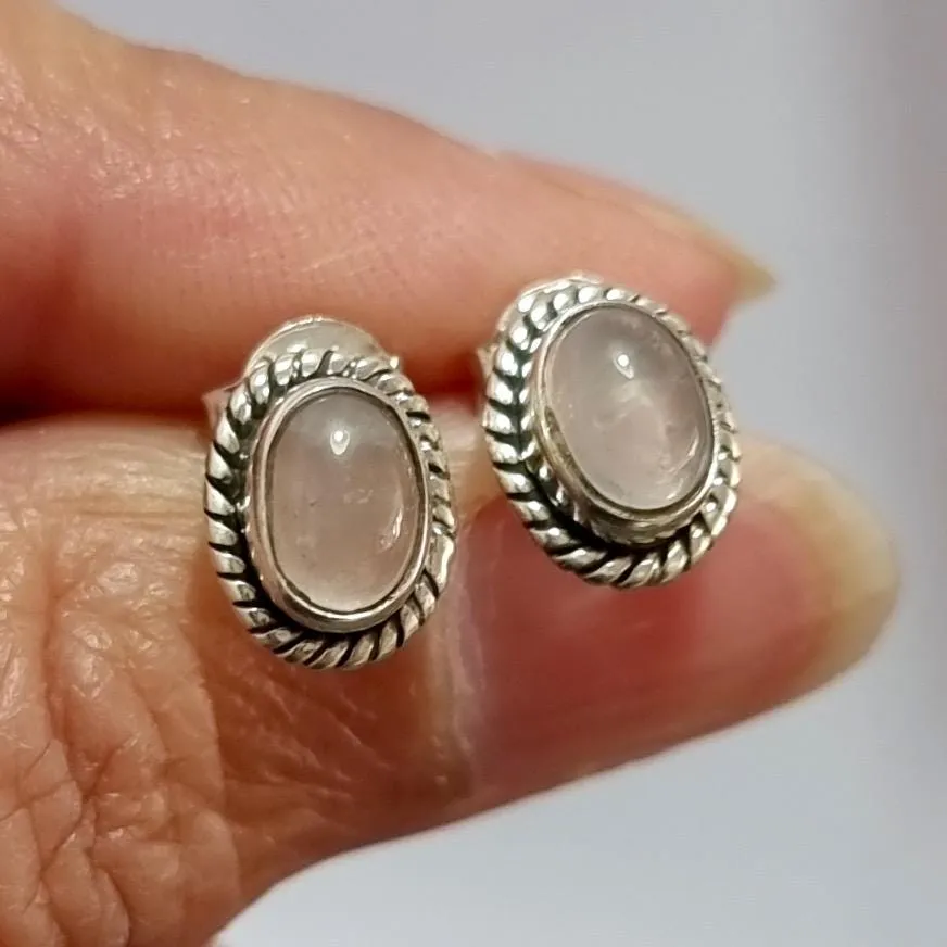 Boho Oval Rose Quartz Studs Earrings, 925 Sterling Silver, S4RQ