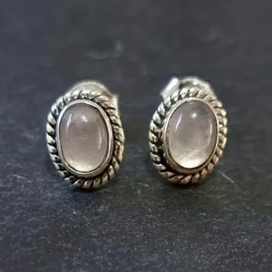Boho Oval Rose Quartz Studs Earrings, 925 Sterling Silver, S4RQ