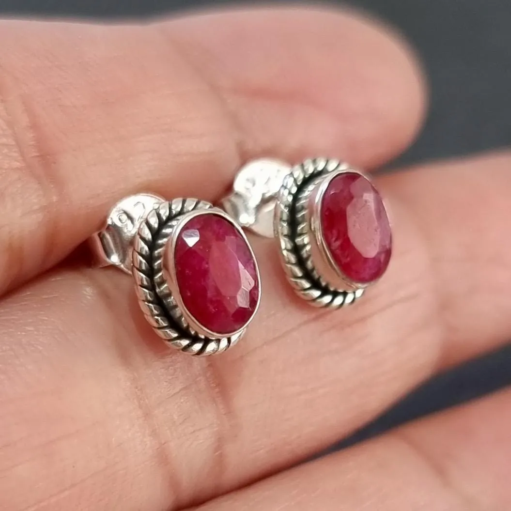 Boho Oval Ruby Stud Earrings, 925 Sterling Silver, S4R