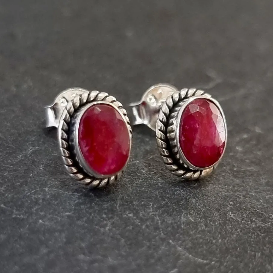 Boho Oval Ruby Stud Earrings, 925 Sterling Silver, S4R