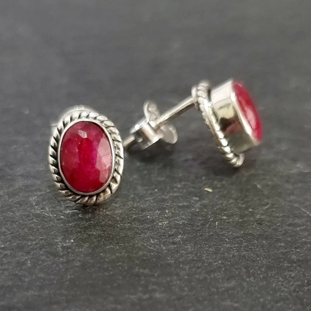 Boho Oval Ruby Stud Earrings, 925 Sterling Silver, S4R