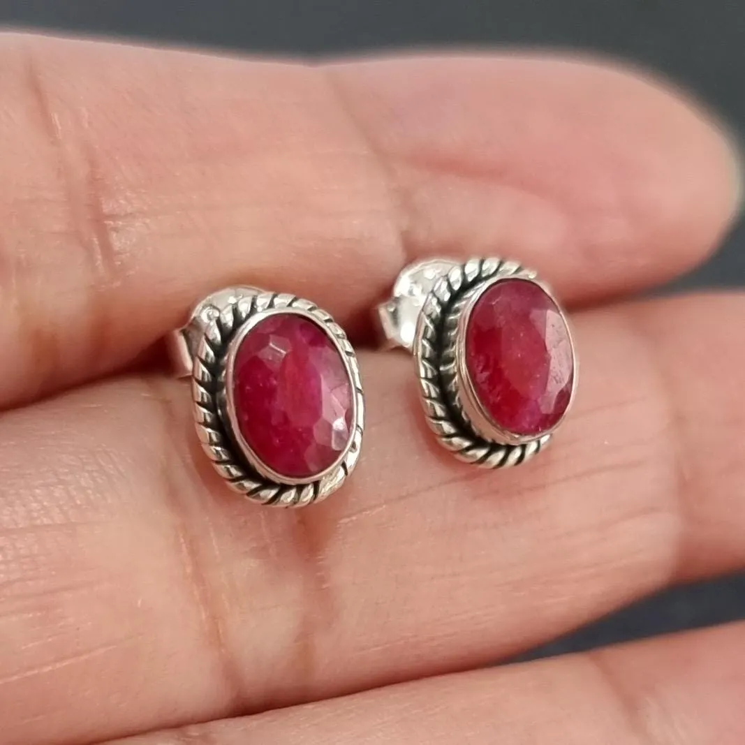 Boho Oval Ruby Stud Earrings, 925 Sterling Silver, S4R