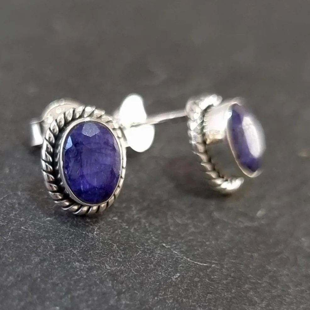 Boho Oval Sapphire Stud Earrings, 925 Sterling Silver, S4S