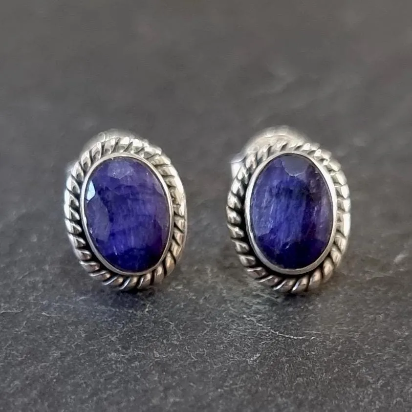 Boho Oval Sapphire Stud Earrings, 925 Sterling Silver, S4S