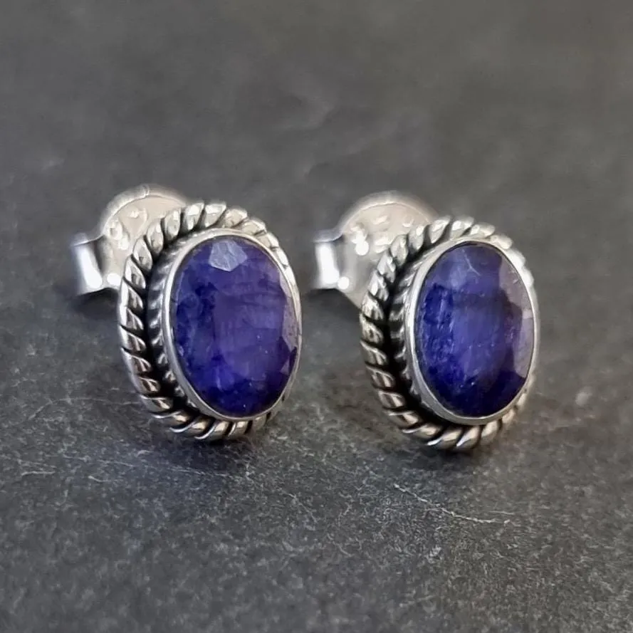 Boho Oval Sapphire Stud Earrings, 925 Sterling Silver, S4S