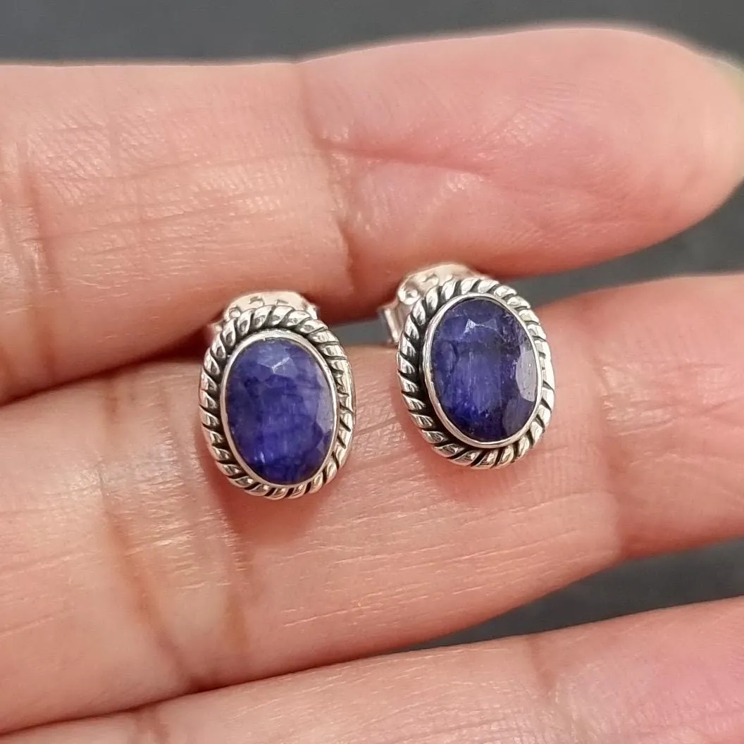 Boho Oval Sapphire Stud Earrings, 925 Sterling Silver, S4S