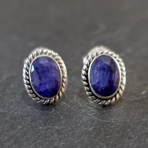 Boho Oval Sapphire Stud Earrings, 925 Sterling Silver, S4S