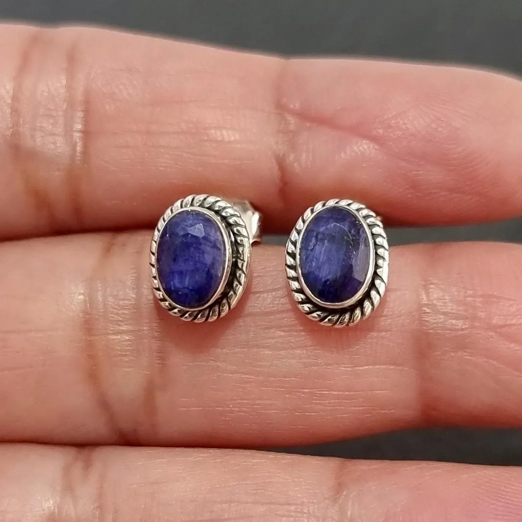 Boho Oval Sapphire Stud Earrings, 925 Sterling Silver, S4S