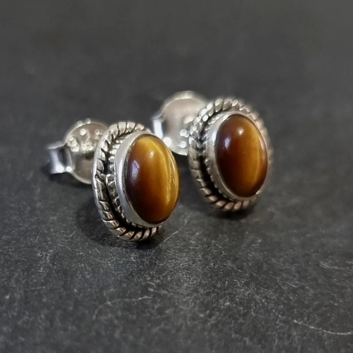 Boho Oval Tigers Eye Stud Earrings, 925 Sterling Silver, S4TE