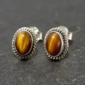 Boho Oval Tigers Eye Stud Earrings, 925 Sterling Silver, S4TE