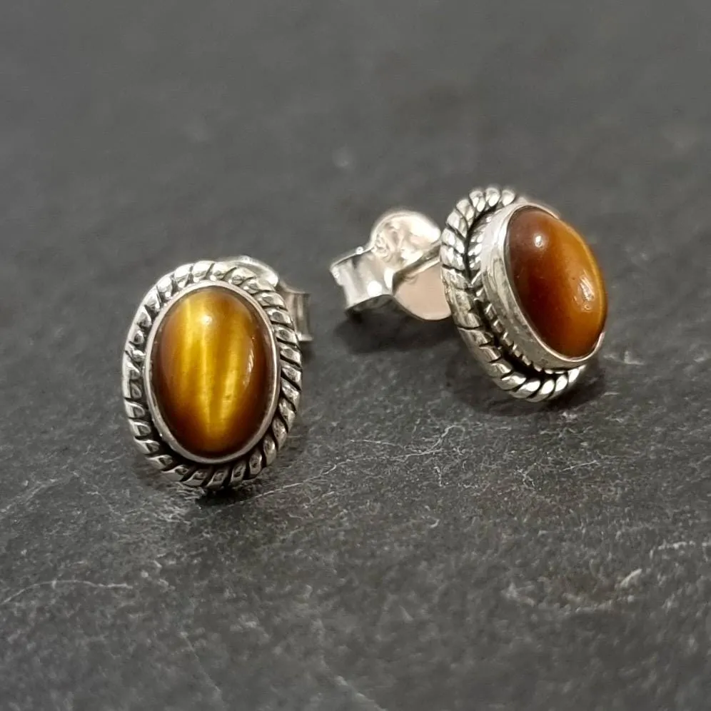 Boho Oval Tigers Eye Stud Earrings, 925 Sterling Silver, S4TE