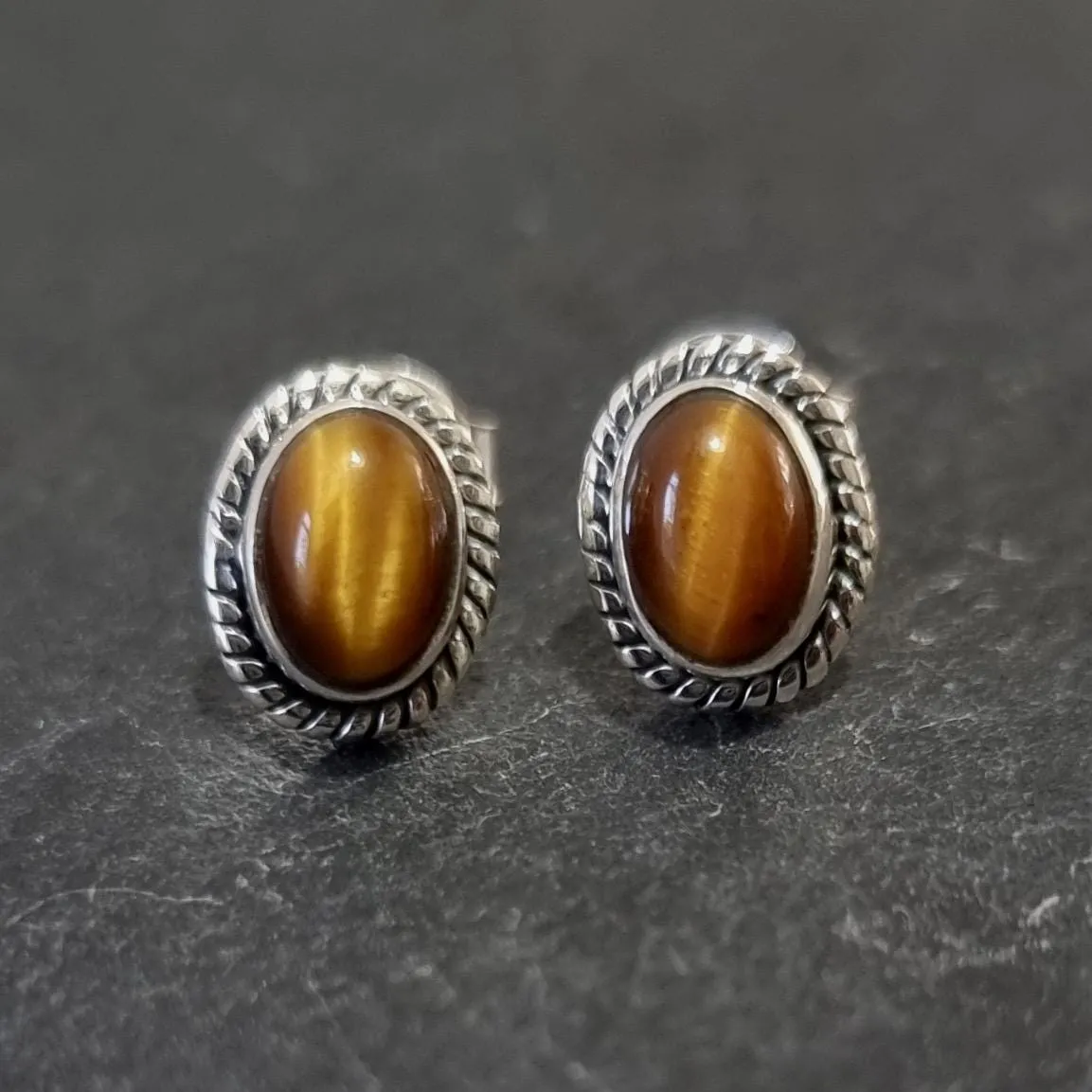 Boho Oval Tigers Eye Stud Earrings, 925 Sterling Silver, S4TE