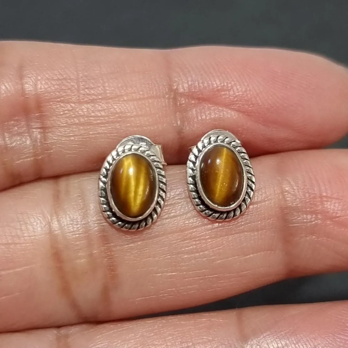 Boho Oval Tigers Eye Stud Earrings, 925 Sterling Silver, S4TE