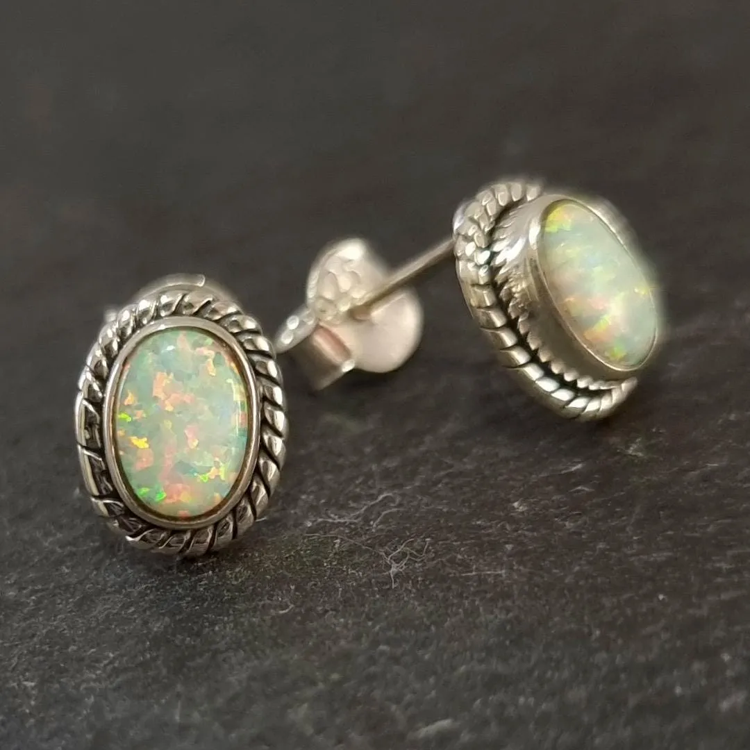 Boho Oval White Opal Studs Earrings, 925 Sterling Silver, S4WOP