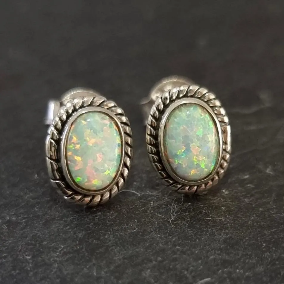 Boho Oval White Opal Studs Earrings, 925 Sterling Silver, S4WOP