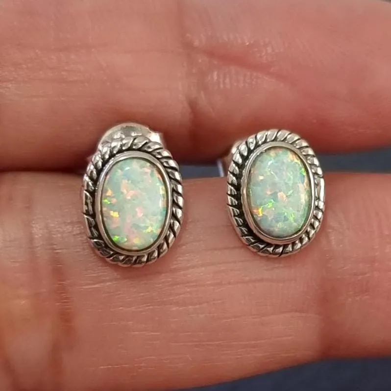 Boho Oval White Opal Studs Earrings, 925 Sterling Silver, S4WOP