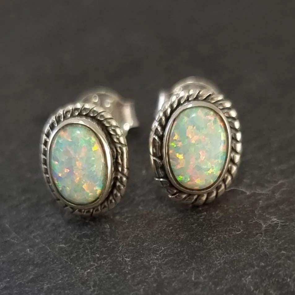 Boho Oval White Opal Studs Earrings, 925 Sterling Silver, S4WOP