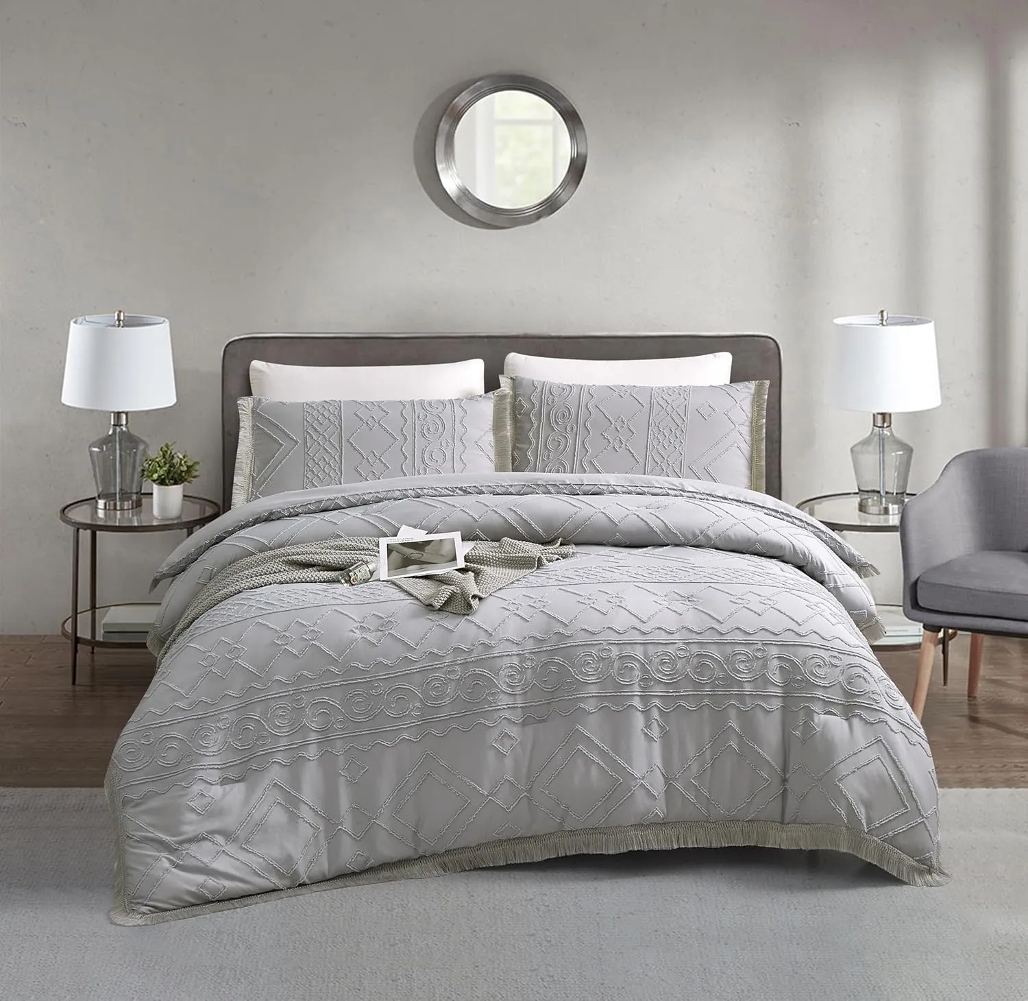 Boho Queen Comforter Set Grey 3 Pieces Tufted Tassel Comforter Set Queen Size Lightweight Queen Size Comforter Sets Shabby Chic Farmhouse Fluffy Gray Comforter Queen Bed Set Gift Choice