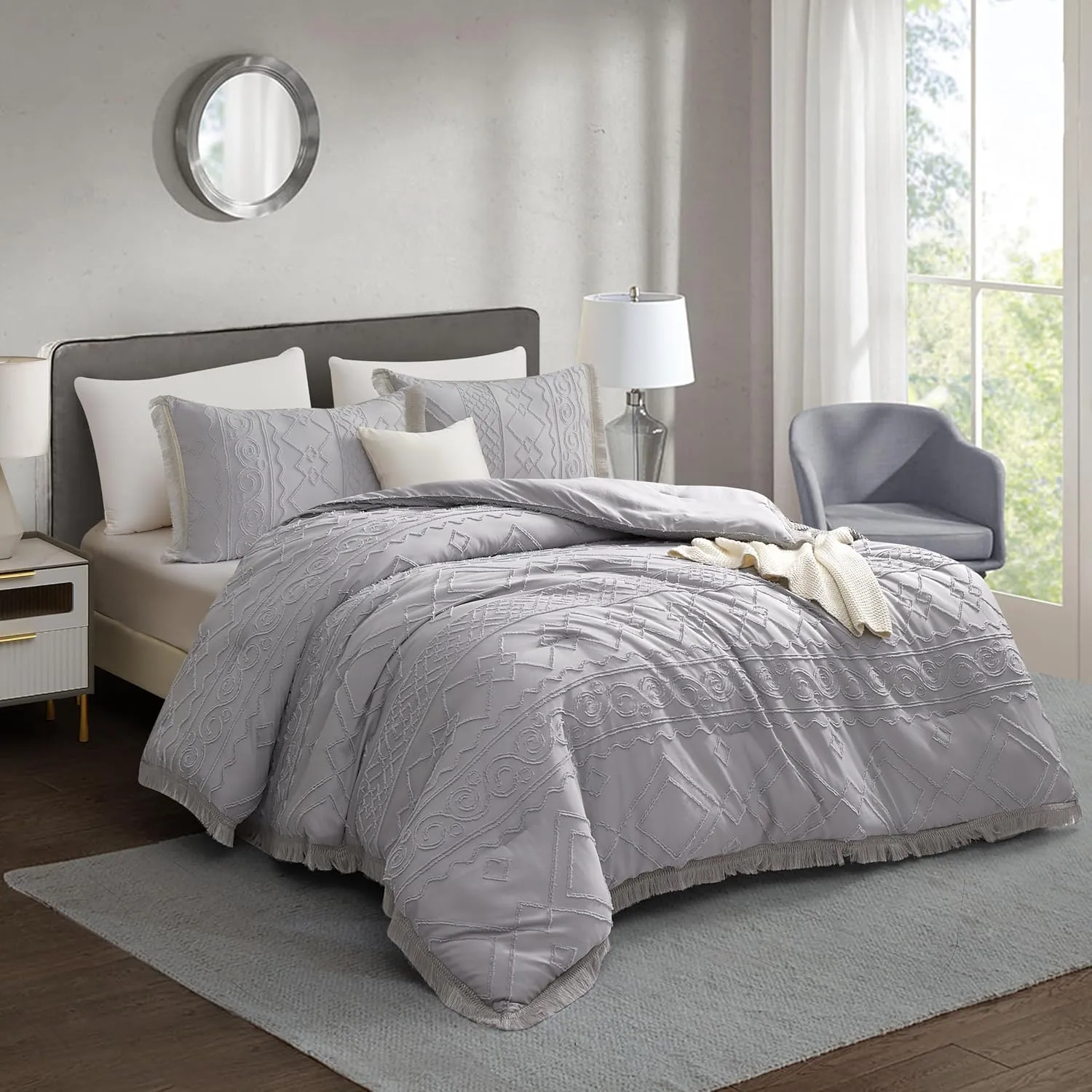 Boho Queen Comforter Set Grey 3 Pieces Tufted Tassel Comforter Set Queen Size Lightweight Queen Size Comforter Sets Shabby Chic Farmhouse Fluffy Gray Comforter Queen Bed Set Gift Choice