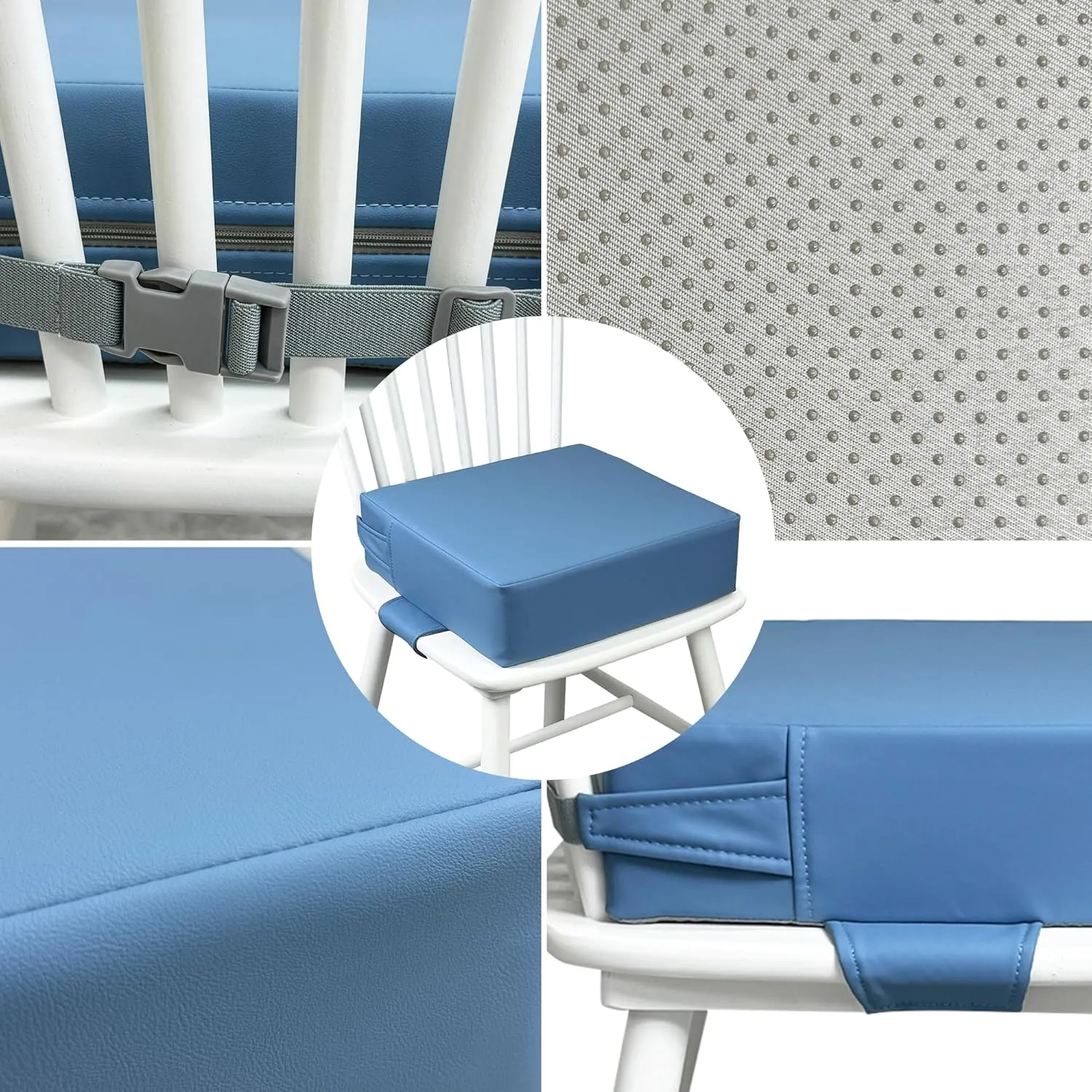Booster Seat for Kitchen Chair (PU Material),Toddler Booster Seats for Dining Table Portable for Travel Camping Eating Double Safe Straps Non-Slip Bottom (Blue)