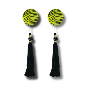 BORN TO Be WILD Yellow faux Fur, black stripe Nipple Pasty, Nipple Cover (2pcs) with Removable Tassels