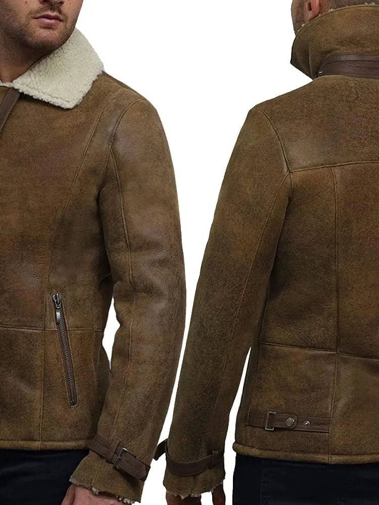 BRANDSLOCK Mens Aviator Genuine Shearling Sheepskin Leather Bomber Jacket