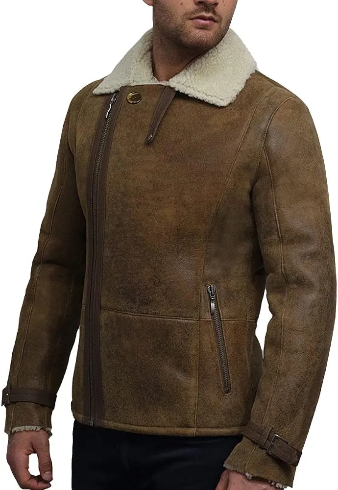 BRANDSLOCK Mens Aviator Genuine Shearling Sheepskin Leather Bomber Jacket